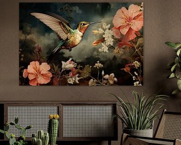 Colibri et fleurs | Colibri Artwork sur Blikvanger Schilderijen