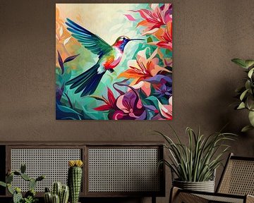 Danse du colibri coloré | Art animalier coloré sur Blikvanger Schilderijen