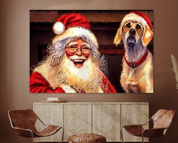 Vrolijke kerstman met hond (kunst) van Art by Jeronimo