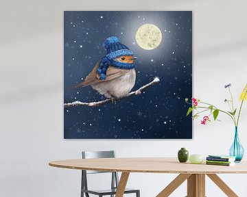 Robin with hat and scarf at full moon
