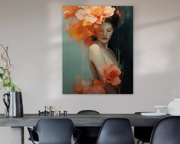 Portrait in orange and pink of a young woman surrounded by flowers by Carla Van Iersel