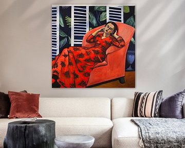 Resting woman in red chair, portrait painting by Vlindertuin Art