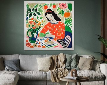 Kleurrijk portret van vrouw in semi-abstracte stijl van Vlindertuin Art