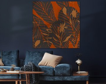 Boho style leaves in retro colors. Modern botanical art in terra and black by Dina Dankers