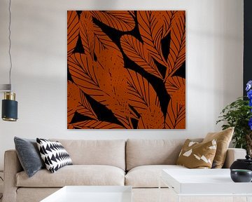 Boho style leaves in retro colors. Modern botanical art in black and terra by Dina Dankers