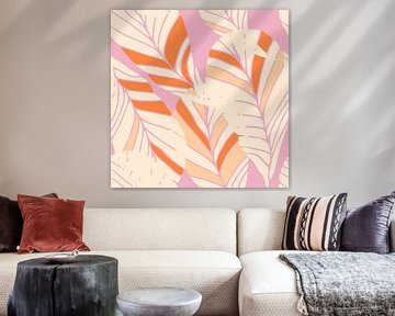 Blätter im Boho-Stil in Retro-Farben. Moderne botanische Kunst in Beige, Orange auf Neon-Pink von Dina Dankers