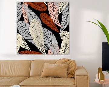 Boho style leaves in retro colors. Modern botanical art in terra, pink, grey, black by Dina Dankers