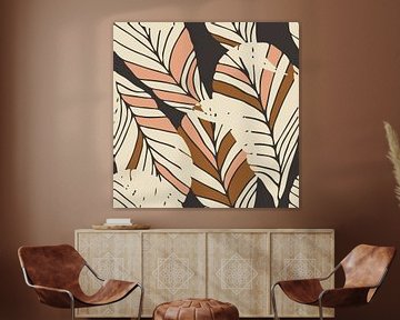 Boho style leaves in retro colors. Modern botanical art in earthy tones on black by Dina Dankers