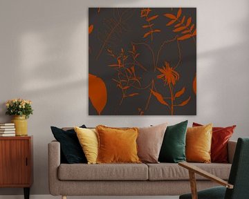 Boho style leaves and flowers in retro colors. Modern botanical art by Dina Dankers