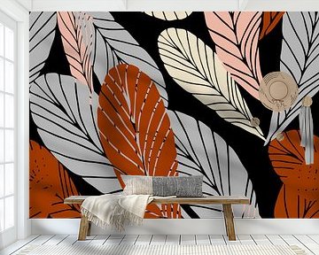 Blätter im Boho-Stil in Retro-Farben. Moderne botanische Kunst in Terra, Grau, Rosa, Schwarz von Dina Dankers
