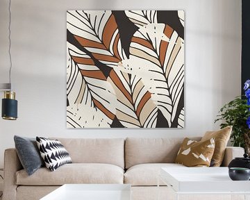 Boho style leaves in retro colors. Modern botanical art in white, terra, beige on black by Dina Dankers