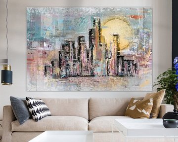 Skyline stad - kleurig landscape kunstwerk met ondergaande zon van Emiel de Lange