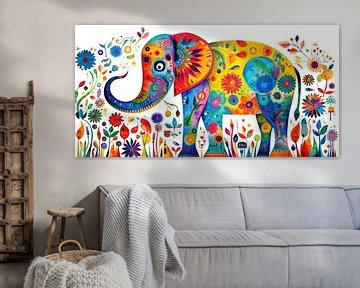 Illustratie van een kleurrijke olifant met bloemen van ARTemberaubend