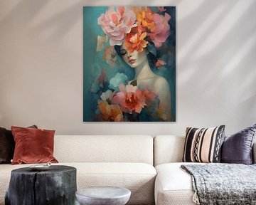 Portret met bloemen in pastelkleuren van Carla Van Iersel