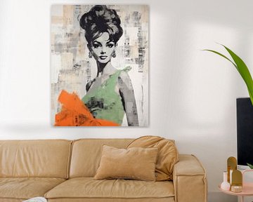 Vintage collage, portret in zwart-wit met een vleugje oranje en groen van Studio Allee