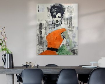 Collage vintage, portrait en noir et blanc avec une touche d'orange et de vert sur Studio Allee