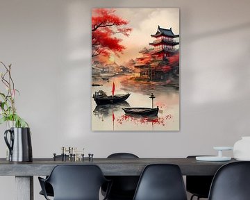 red tree and japan village by jauhari picture graphic