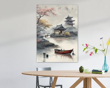 Nautical Charm Japanese Village Life by Boat by jauhari picture graphic