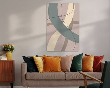 Moderne abstracte minimalistische vormen en lijnen in pastelblauw, groen, wit op oudroze van Dina Dankers