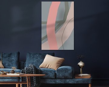 Modern abstract minimalist shapes and lines in pastel pink, green on blue by Dina Dankers