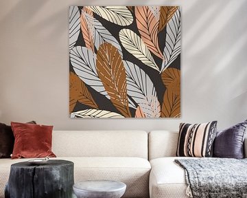 Botanische kunst in boho stijl. Bladeren in retro kleuren. Zalm, grijs, terra op zwart van Dina Dankers