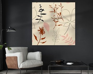 Botanische Kunst im Boho-Stil. Blumen und Blätter in Retro-Farben. Rosa, schwarz, terra, beige von Dina Dankers