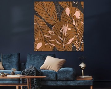 Botanical art in boho style. Flowers and leaves in retro colors . Pink, terra, black by Dina Dankers