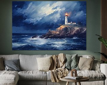 Leuchtturm im Sturm | Leuchtturm-Malerei von Abstraktes Gemälde