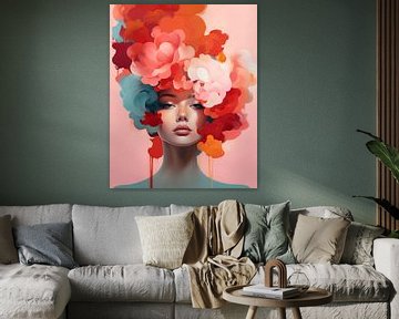 Modern en abstract portret in roze, oranje, rood en blauw van Carla Van Iersel