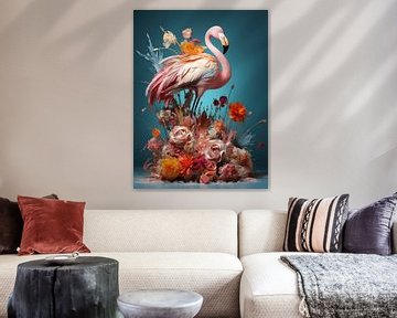 Élégance florale du flamant rose sur Eva Lee