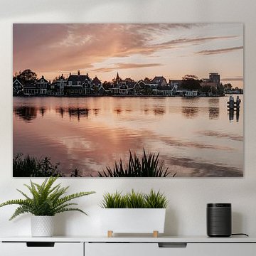 Historic waterfront cottages at sunset