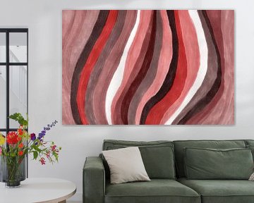 Retro funky waves. Abstract art in red, salmon, brown and beige van Dina Dankers