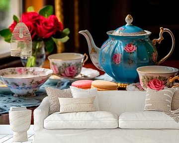 Tee, Macarons und rote Rosen – Romantisches Stillleben mit Geschirr