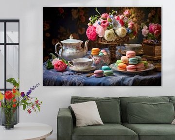 Stilleven in pastel, koffie, koekjes en bloemen van Joriali abstract en digitale kunst
