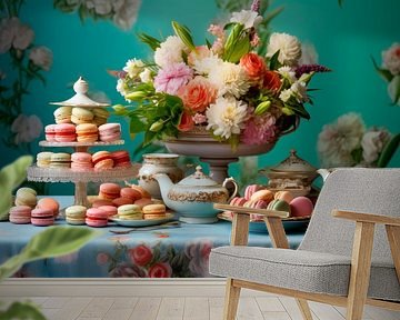 Macarons with Tea Set and Flowers - Cheerful Pastel Still Life by Joriali photography and paintings