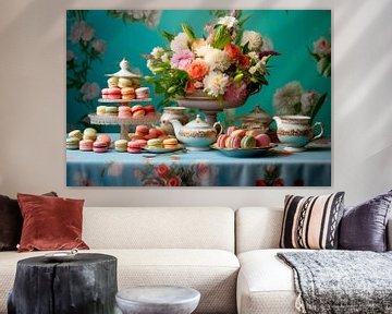 Stilleven in pastel, koffie, koekjes en bloemen van Joriali fotografie en digitale kunst