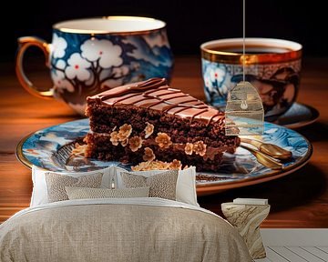 Schokoladenkuchen mit blauen Porzellantassen – Elegantes Stillleben