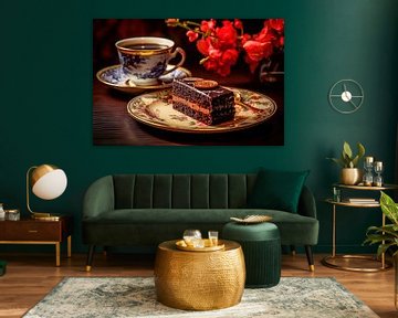 Stilleven met koffie en taart – warm en sfeervol keukenkunstwerk in zachte tinten van Joriali fotografie en schilderijen