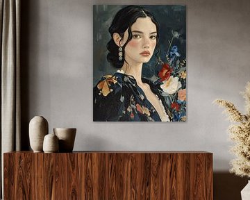 Portret met bloemen in warme kleuren van Carla Van Iersel