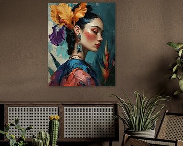 Portret in warme kleuren met bloemen van Carla Van Iersel