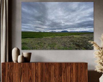 IJsland - Bewolkte lucht boven intens groene, met planten bedekte weiden en besneeuwde bergweiden van adventure-photos