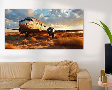 Abandoned plane in the desert at sunset by Vlindertuin Art