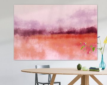 Kleurrijk abstract minimalistisch landschap in lila, paars, zacht gebrand oranje en roze van Dina Dankers