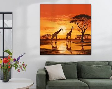 Girafes dans la savane au coucher du soleil sur TheXclusive Art