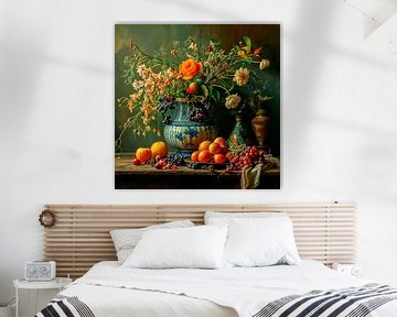 Stilleven met bloemen en fruit van Peet de Rouw