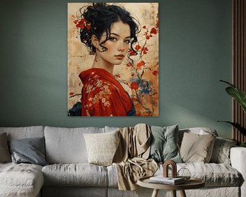 Geisha en rouge et une touche de bleu sur Carla Van Iersel