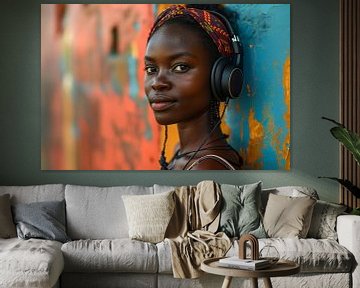 Femme africaine avec des écouteurs sur le mur d'une maison sur Animaflora PicsStock