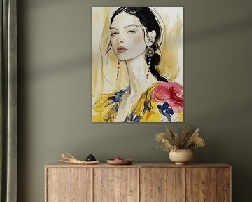 Modern portret. Illustratie in geel, blauw en roze van Carla Van Iersel