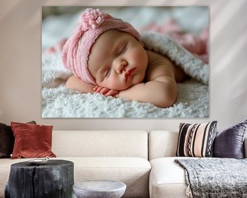Slapend pasgeboren meisje in de eerste levensdagen met gebreide muts van Animaflora PicsStock