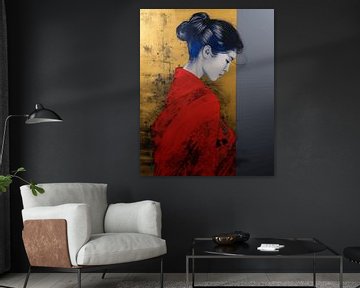 Portrait d'une geisha en rouge et or. sur Carla Van Iersel
